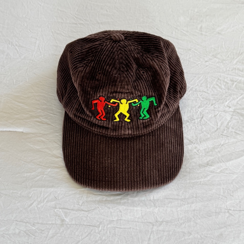 Keith Haring Embroidered Locked Arms Dancing Figure Corduroy Brown Strapback Hat